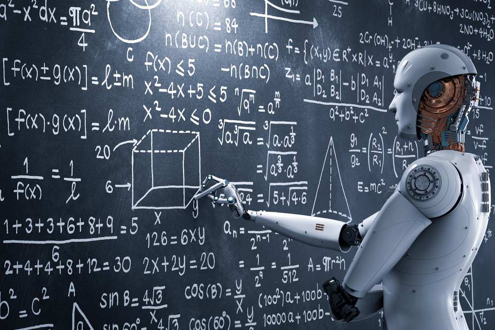 a robot giving class and writing on a blackboard