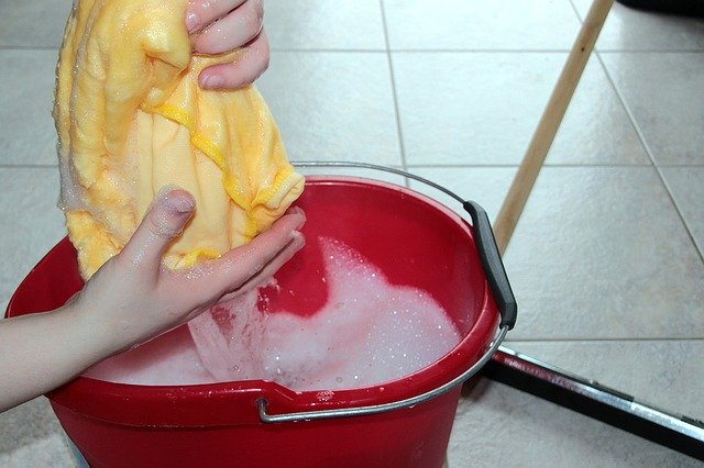 putz bucket, cleaning rags, soapsuds