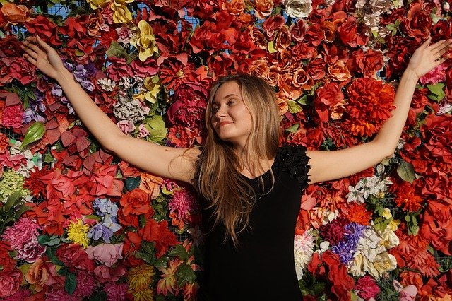 girl, flower bed, flowers