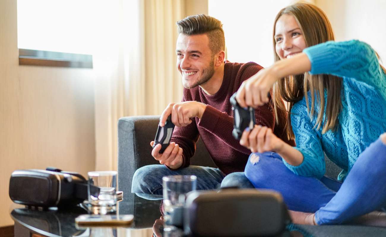Man and woman playing video games