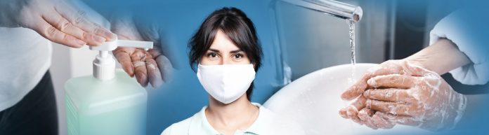 Stop coronavirus spreading. People using sanitizer, wearing mask and washing hands to prevent contamination, banner design