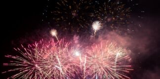 Fireworks in the night sky Description automatically generated