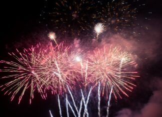 Fireworks in the night sky Description automatically generated
