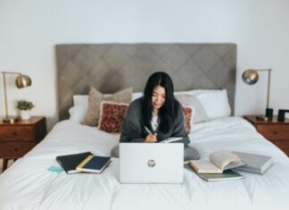 6 Things to Consider When Becoming Self-Employed woman in black hijab sitting on bed using laptop