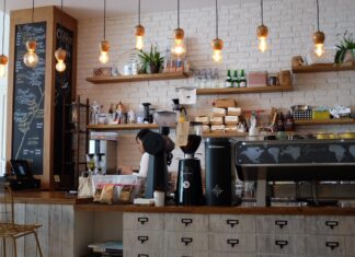 Decorating Your Small Business’ Workspace – On a Budget black kitchen appliance on kitchen island with pendant lights