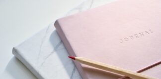 red and purple coloring pencils on pink journal