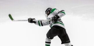 man wearing green and white ice hockey jersey while playing