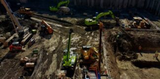 aerial photo of construction vehicles