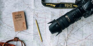 flat lay photography of camera, book, and bag