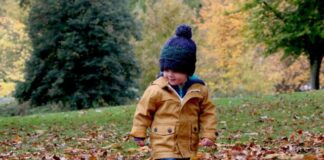 boy wearing orange bubble jacket walking on dry fallen leaves on ground