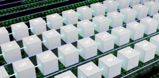 a large array of white cubes with numbers and symbols on them