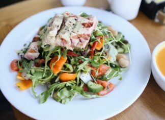 plate of food on wooden surface