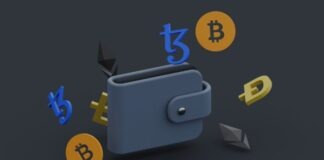 a wallet with bitcoins falling out of it