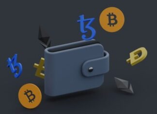 a wallet with bitcoins falling out of it