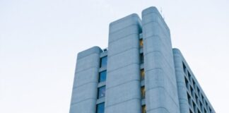 man's eyeview of multi-storey building