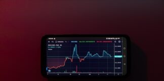 a cell phone displaying a stock chart on a red background