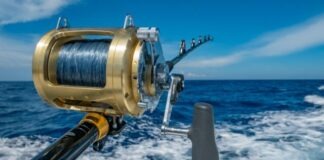 fishing reel by water during daytime