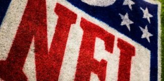 red, white, and blue NFL area rug