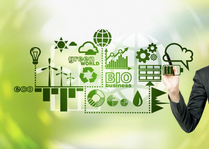 Alternative energy, clean environment A hand painting symbols of alternative energy sources in green. Green background. Concept of clean environment.