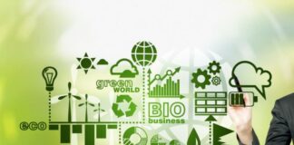 A hand painting symbols of alternative energy sources in green. Green background. Concept of clean environment.