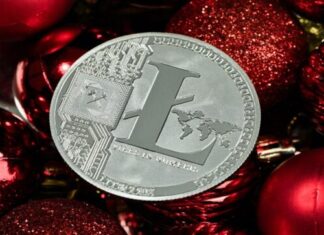 A silver coin with a litecoin logo on top of red ornaments Description automatically generated with low confidence