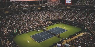 people at the tennis court stadium during sunset