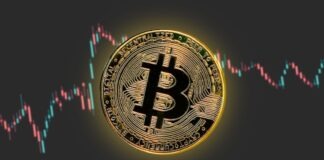 a bitcoin is shown in front of a stock chart