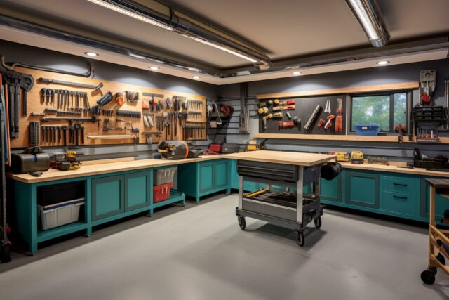 Spacious garage equipped with abundant storage and efficient workbench. Generative AI