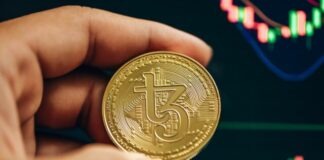 a hand holding a gold bitcoin in front of a stock chart