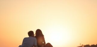 couple sitting near trees during golden hour