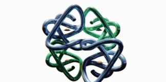 a green and blue sculpture is shown against a white background