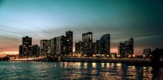 city lights buildings at night