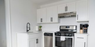 white wooden kitchen cabinet and white microwave oven