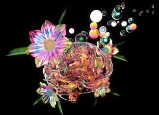 a digital painting of a flower and bubbles