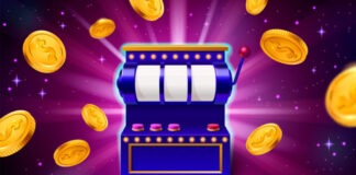 Casino slot gamble game with handle to raffle. Empty lottery banner of ui spin 3d wheel design. Luck chance with gold coin to display. Random las vegas fortune gambling reel for betting background