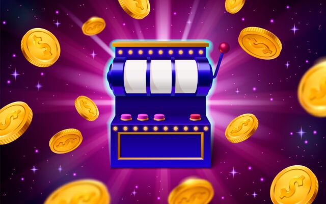 Casino slot gamble game with handle to raffle. Empty lottery banner of ui spin 3d wheel design. Luck chance with gold coin to display. Random las vegas fortune gambling reel for betting background