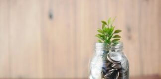a glass jar filled with coins and a plant