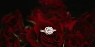silver-colored ring on top of red roses