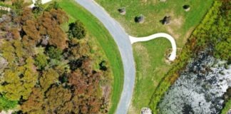 an aerial view of a winding road in a park