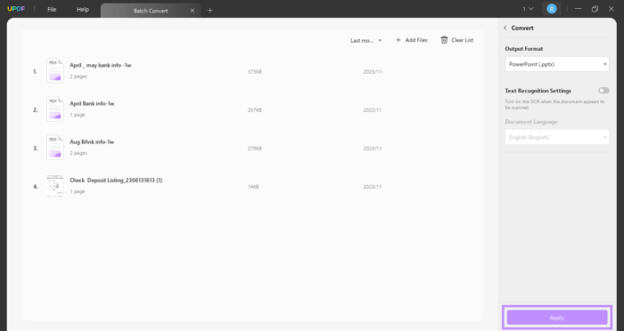 add pdf files and click apply.