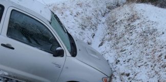 A car stuck in a ditch in the snow AI-generated content may be incorrect.