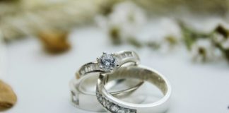 silver diamond ring on white surface