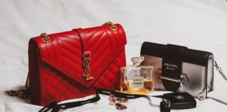 red and black leather handbag