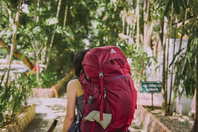 Photo by Suhyeon Choi person with red trekker backpack standing on pathway surrounded with tall and green trees during daytime