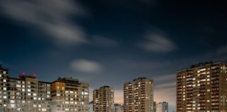 city skyline during night time