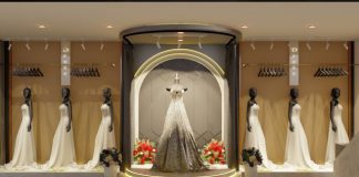 a display of wedding gowns and bridal gowns
