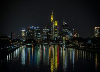 city skyline during night time