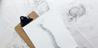 brown and black clipboard with white spinal cord print manual