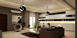 rectangular white coffee table near brown leather sofa