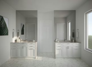 Two People, One Sink Zone: How To Get a Double Vanity Right a large bathroom with two sinks and two mirrors